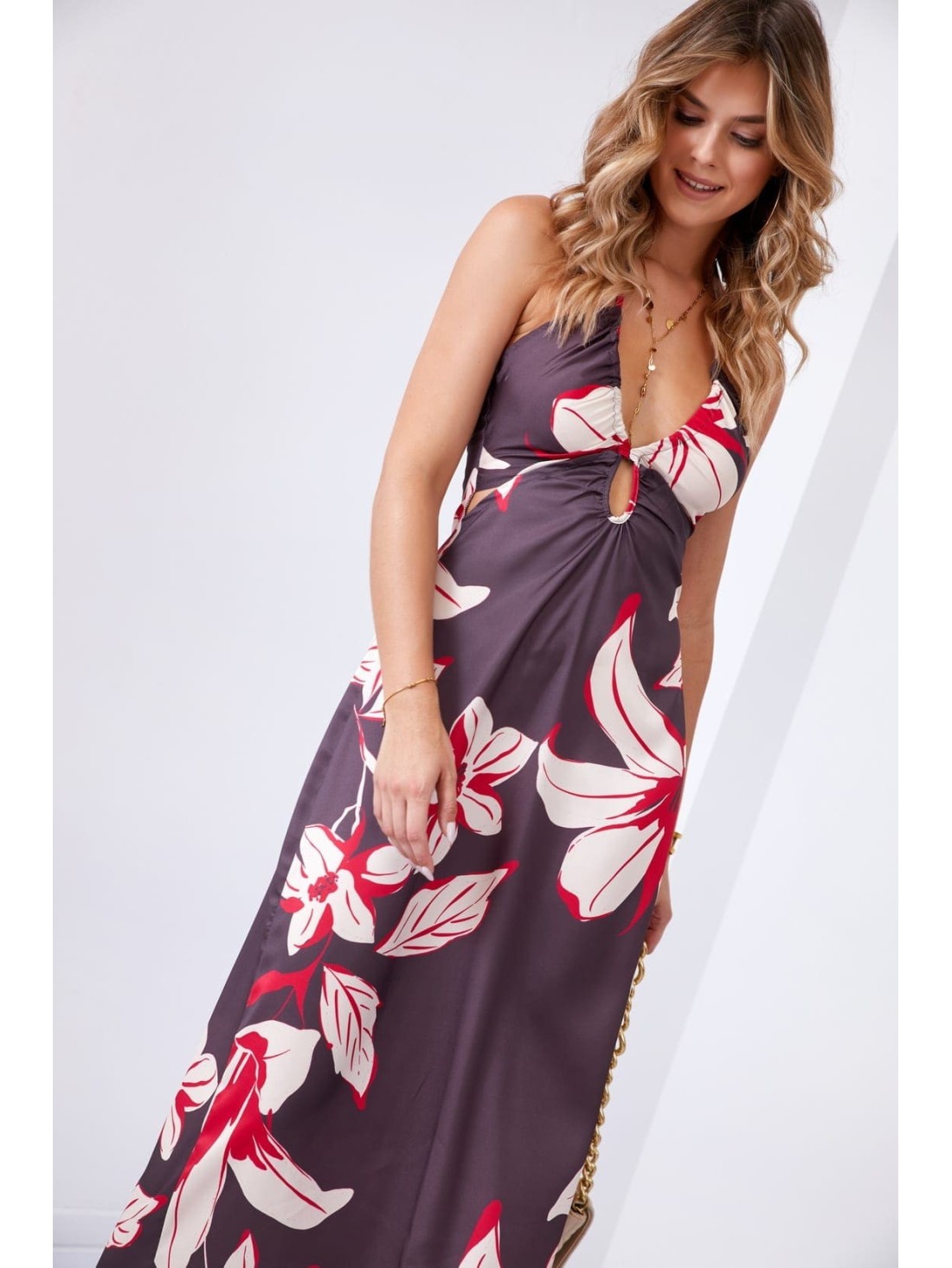 Maxikleid mit Cut-outs und gebundenem Ausschnitt, dunkelbraun 110620 – Online-Shop – Boutique